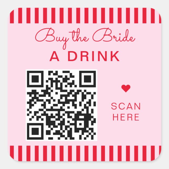 Retro Red & Pink Streifen Bachelorette QR Code Quadratischer Aufkleber (Vorderseite)