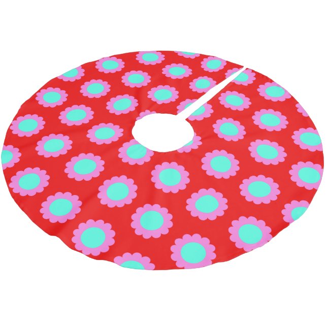 Retro Red Pop Blume Pattern Mod 60er Boho Style Polyester Weihnachtsbaumdecke (Schrägansicht)