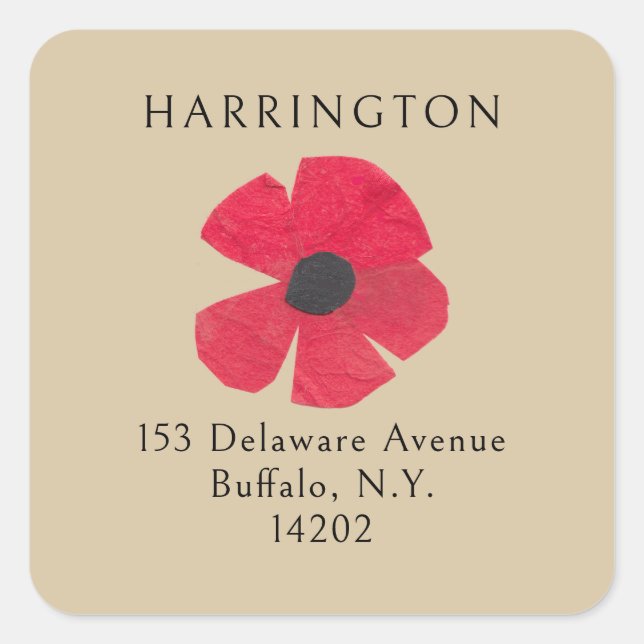 Retro Red Poppy Brown Rücksendeadresse des mittler Quadratischer Aufkleber (Vorderseite)