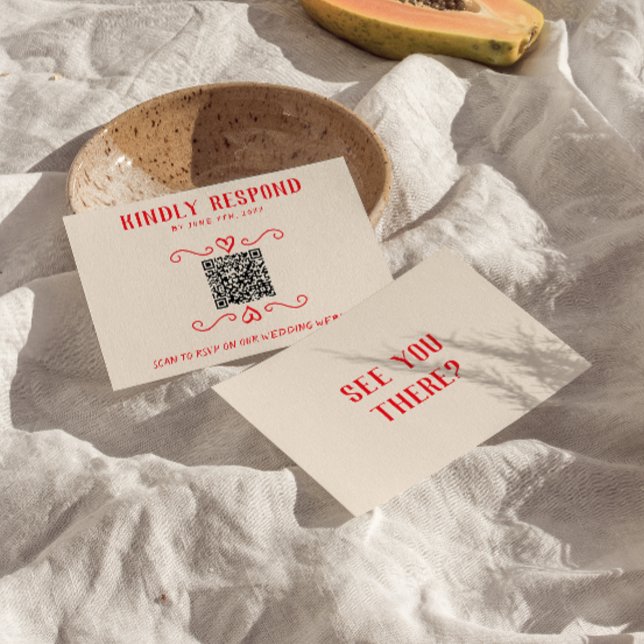 Retro Red QR Code Hand gezeichnet Quirky Hochzeit RSVP Karte (Von Creator hochgeladen)