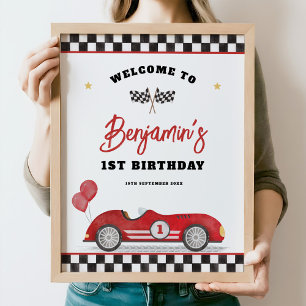 Retro Red Race Car Fast 1 Geburtstag Willkommen Poster