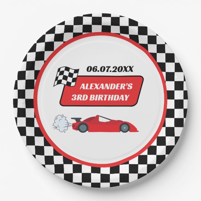Retro Red Race Rennfahrer Junge 3. Geburtstag Pappteller (Vorderseite)