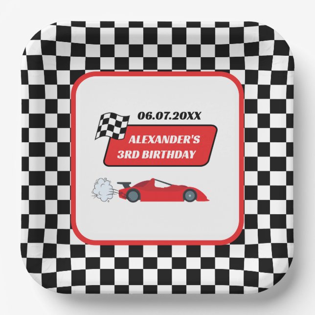 Retro Red Race Rennfahrer Junge 3. Geburtstag Pappteller (Vorderseite)