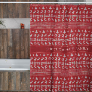Retro Red Reindeer Monogram Nostalgic Christmas Duschvorhang