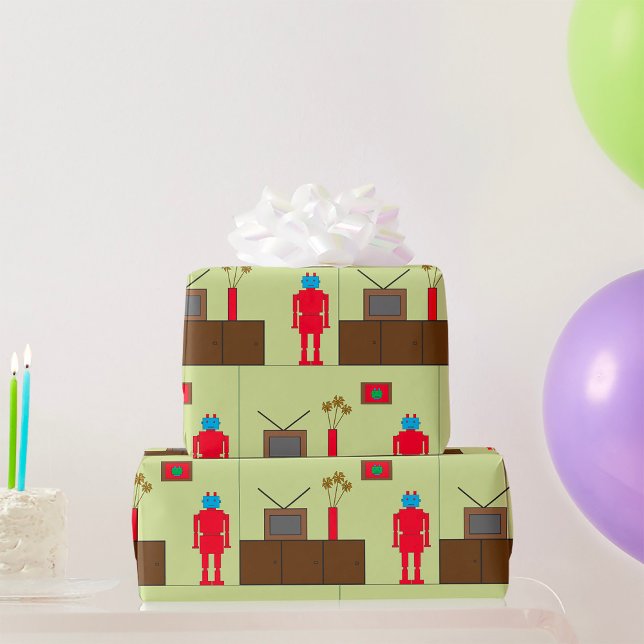 Retro Red Robot Geschenkpapier (Von Creator hochgeladen)