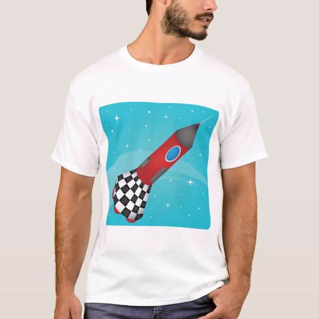 Retro Red Rocket Ship in Space Galactic T-Shirt (Vorderseite)