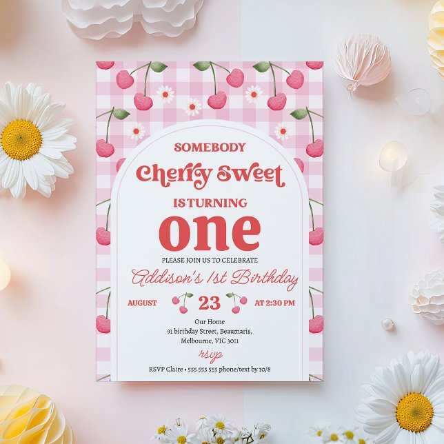 Retro Red Someone Cherry Sweet Birthday Einladung (Modern Cherry Sweet Birthday Invitation Template, Retro Arch Cherry Birthday Invitation for Girl)