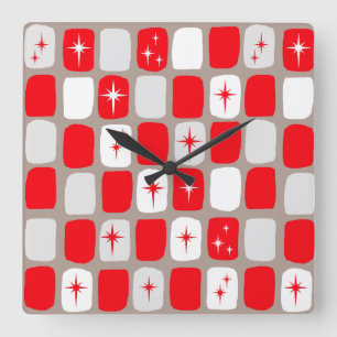 Retro Red Starbursts Square Wall Clock Quadratische Wanduhr