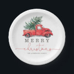 Retro Red Truck & Christmas Pine Tree Pappteller<br><div class="desc">Beeindrucken Sie Ihre Gäste mit diesem blauen roten LKW und der Aquarellplatte</div>
