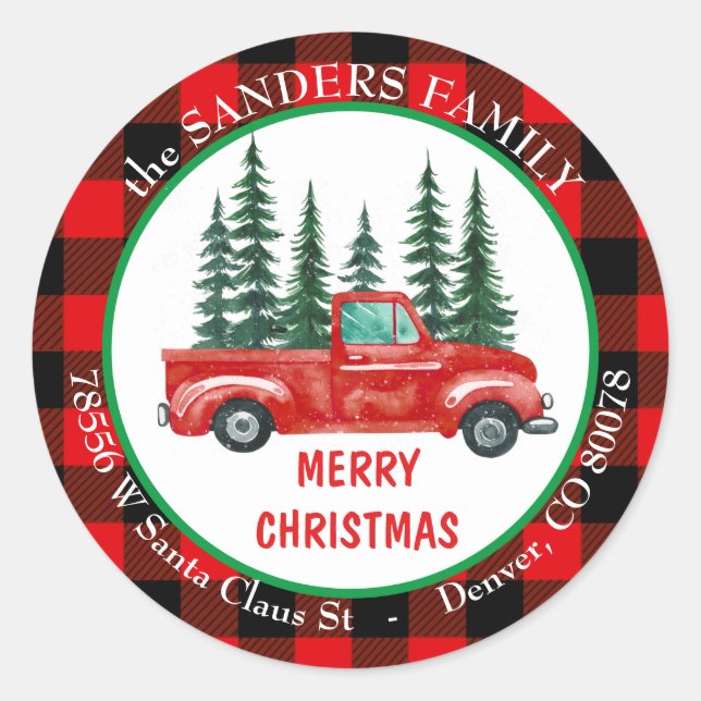 Retro Red Truck Weihnachtsbaum Rücksendeadresse Runder Aufkleber (Vorderseite)