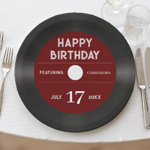 Retro Red Vinyl Record Black Happy Birthday Party Pappteller