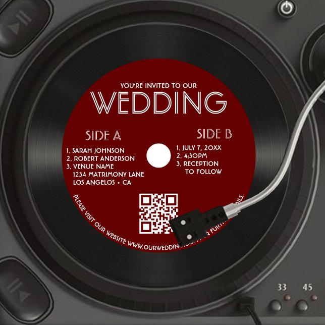 Retro Red Vinyl Record Foto Wedding Einladung (Retro Red Vinyl Record Photo Wedding Invitation)