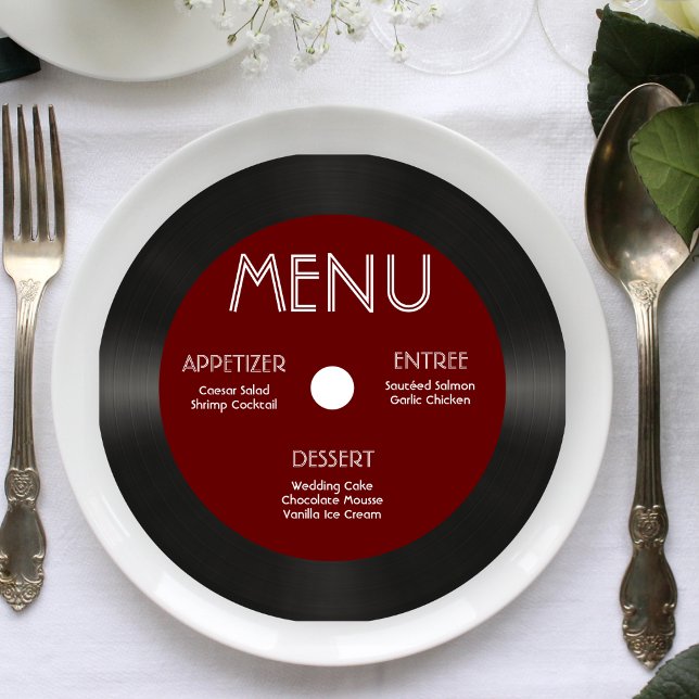 Retro Red Vinyl Record Wedding Menü Einladung (Retro Red Vinyl Record Wedding Reception Menu Invitation)