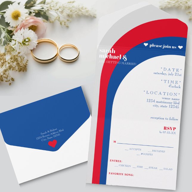 Retro Red White & Blue Curved Arch Stripe Wedding All In One Einladung (Retro Red White & Blue Curved Arch Stripe Wedding All In One Invitation)