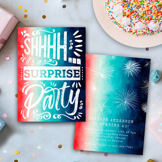 Retro Red White Blue Shh Surprise Birthday Party Einladung (Von Creator hochgeladen)
