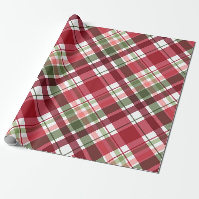 Retro Red White Christmas New Year Tartan Kariert Geschenkpapier (Ungerollt)