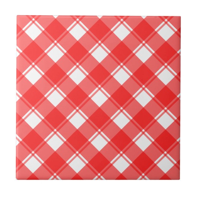Retro Red White Kariert Stripes Muster Tile Fliese (Vorderseite)
