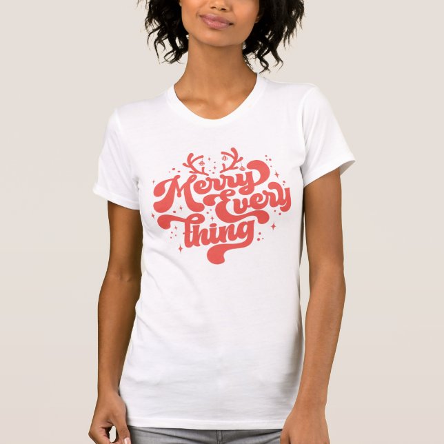 Retro Red White Merry alles Frohe Weihnachten T-Shirt (Vorderseite)