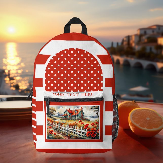 Retro Red White Strip künstlerisches Foto Bedruckter Rucksack (Red and white backpack featuring a retro striped design with polka dots and your photo)