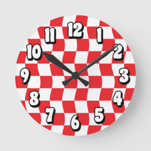 Retro Red White Wavy Checkerboard Muster Runde Wanduhr