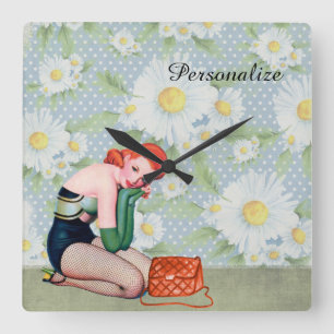 Retro Redhead-Pin-up-Girl Quadratische Wanduhr