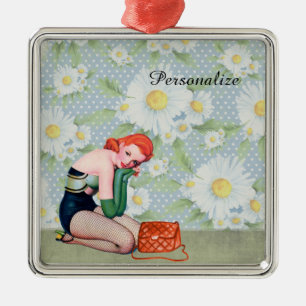 Retro Redhead-Pin-up-Girl-Weihnachtsverzierung Silbernes Ornament