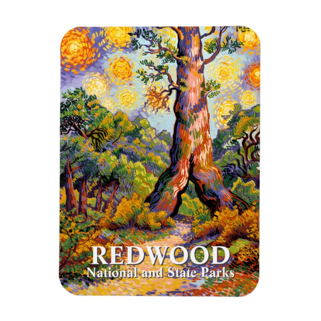 Retro Redwood National Park Vibrant Van Gogh Style Magnet (Vertikal)