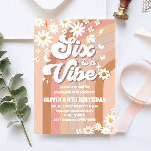 Retro Regenbogen 6. Geburtstagseinladung Einladung