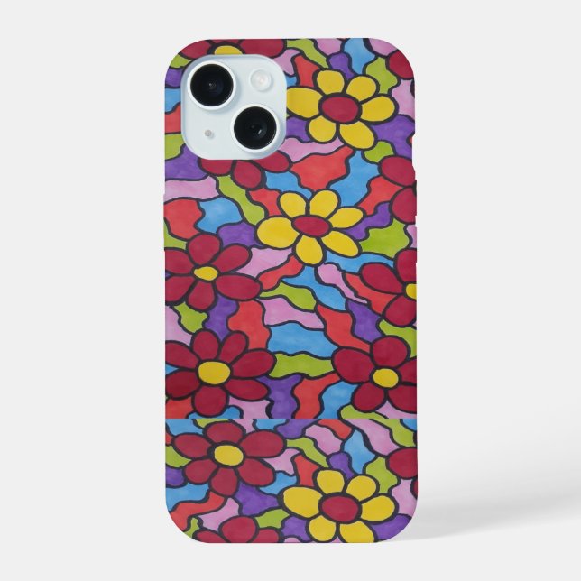 Retro-Regenbogen-Blumenmuster  iPhone 15 Hülle (Rückseite)