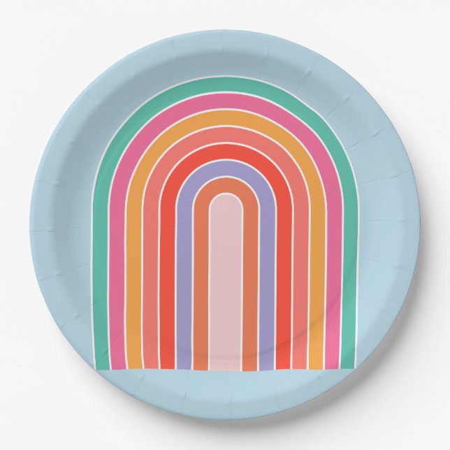 Retro-Regenbogen Bunt Blau Pappteller (Vorderseite)