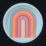 Retro-Regenbogen-farbiges Blau Pappteller<br><div class="desc">Abstrakt Retro Regenbogen - Farbiger Regenbogen - Blauer Hintergrund.</div>