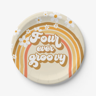 Retro Regenbogen Four Ever Groovy 4. Geburtstag Pappteller