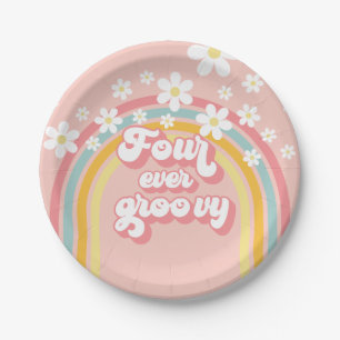 Retro-Regenbogen für immer groovy zum 4. Geburtsta Pappteller