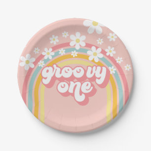 Retro-Regenbogen-Groovy-Erstes-Geburtstag Pappteller