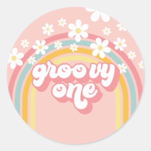 Retro-Regenbogen-Groovy-Erstes-Geburtstag Runder Aufkleber