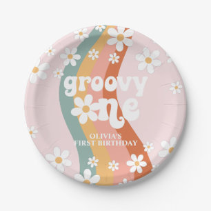 Retro-Regenbogen Groovy One Gänseblümchen Pappteller