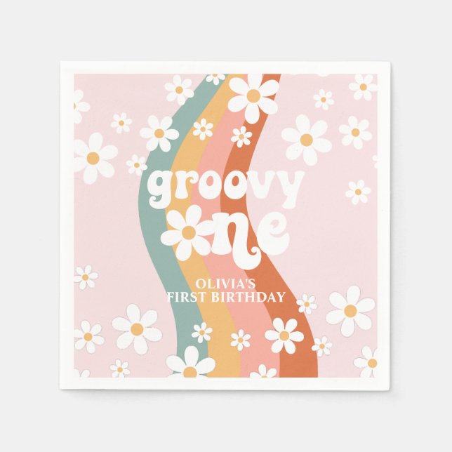 Retro-Regenbogen Groovy One Gänseblümchen Serviette (Vorderseite)