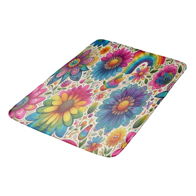 Retro-Regenbogen-Hippie-Blumenmuster Badematte (Schrägansicht)