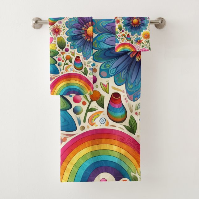 Retro-Regenbogen-Hippie-Blumenmuster Badhandtuch Set (Insitu)