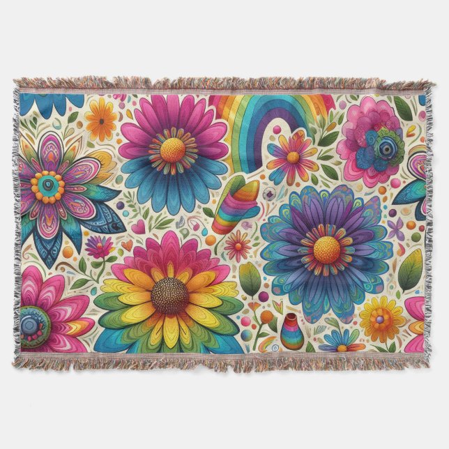 Retro Regenbogen Hippie Blumenmuster Decke (Vorderseite)