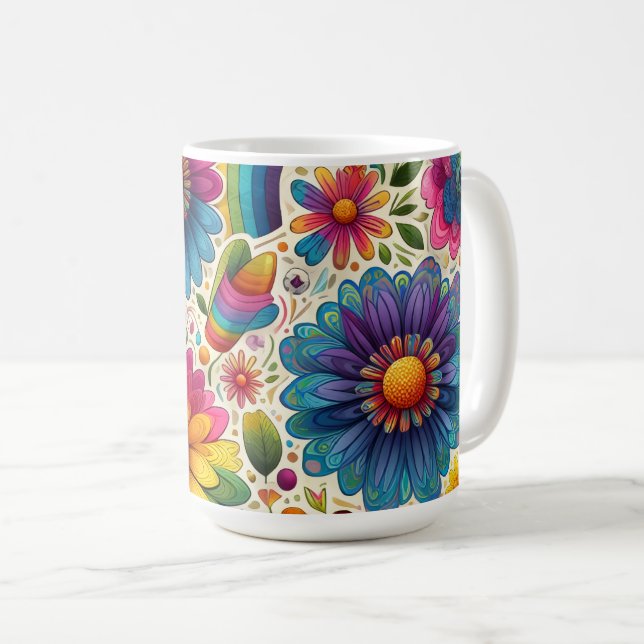 Retro-Regenbogen-Hippie-Blumenmuster Kaffeetasse (VorderseiteRechts)