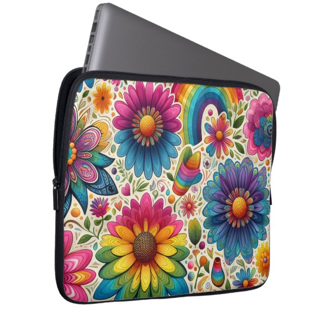 Retro-Regenbogen-Hippie-Blumenmuster Laptopschutzhülle (Vorne Rechts)