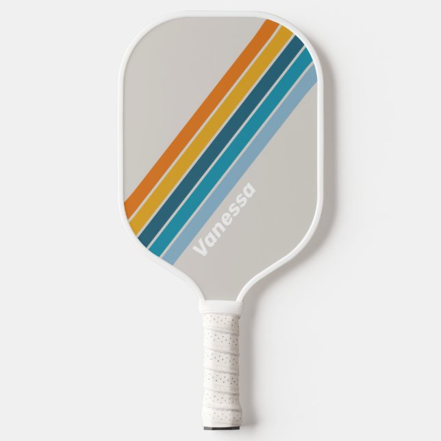 Retro-Regenbogen Streifen mit Namen Pickleball Schläger (Vorderseite)
