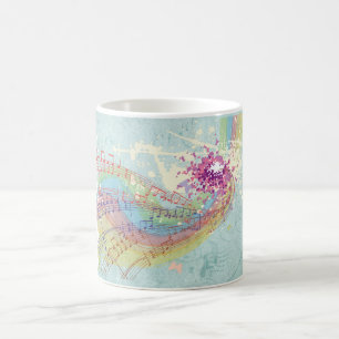 Retro-Regenbogen und Musiknoten auf einer Shabby-T Kaffeetasse