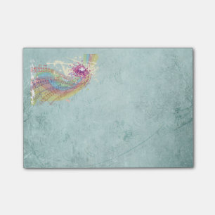 Retro-Regenbogen und Musiknoten auf einer Shabby-T Post-it Klebezettel