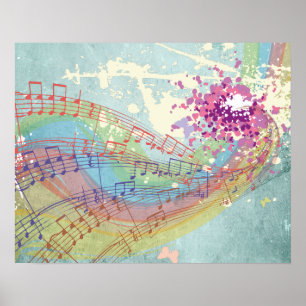 Retro-Regenbogen und Musiknoten auf einer Shabby-T Poster