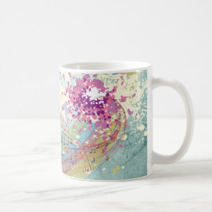 Retro-Regenbogen und Noten auf einer schäbigen Tex Tasse