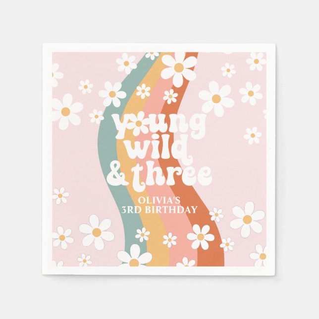 Retro Regenbogen Young Wild Three Daisy Serviette (Vorderseite)