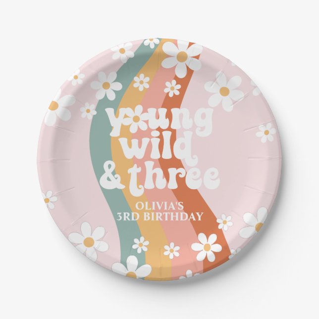 Retro Regenbogen Young Wild Three Gänseblümchen Pappteller (Vorderseite)