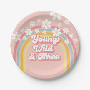 Retro-Regenbogen Young Wild und Drei 3. Geburtstag Pappteller